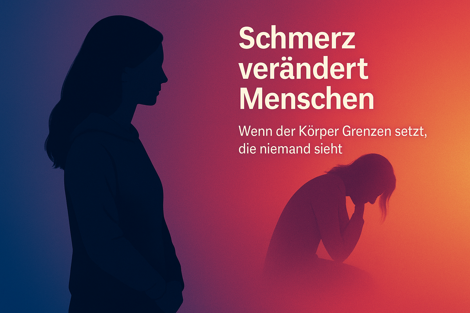 Illustration: links eine aufrecht stehende Silhouette einer Frau mit langen Haaren, rechts ihr gebeugter Schatten in warmem Farbverlauf – Symbol dafür, wie Schmerz Menschen verändert.