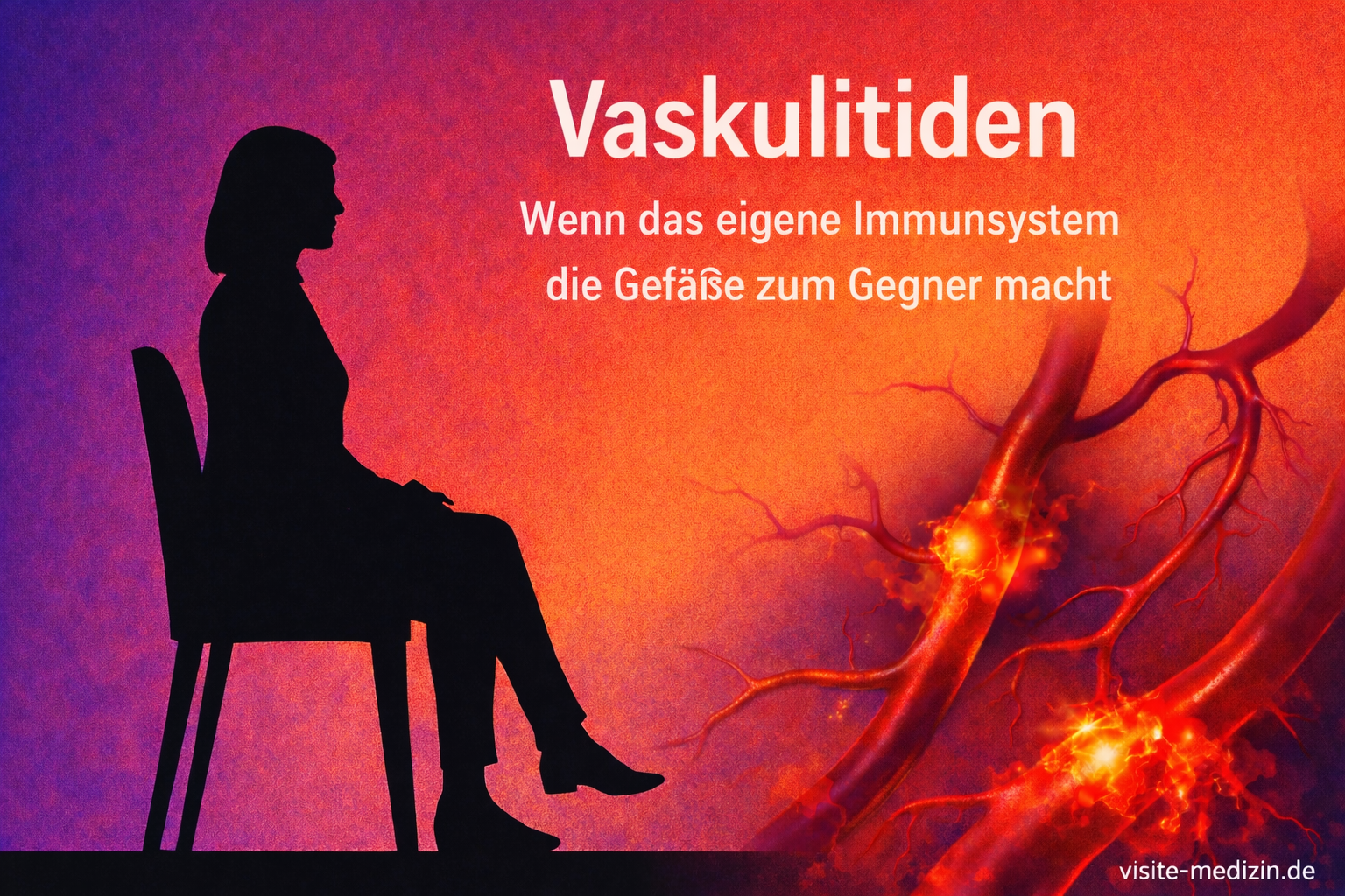 Schwarze Silhouette einer sitzenden Frau links; rechts entzündete Blutgefäße als Symbol; darüber Titel „Vaskulitiden“ und Untertitel „Entzündliche Erkrankung der Blutgefäße“ auf farbigem Verlaufshintergrund; Signatur „visite-medizin.de“ unten rechts.