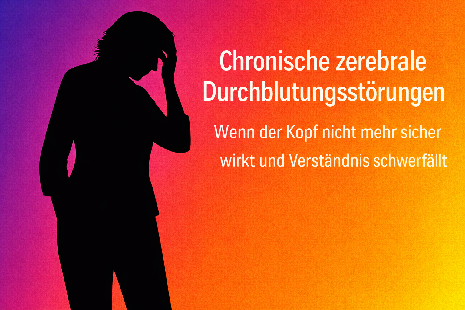Schwarze Passepartout-Silhouette einer etwa 60-jährigen Frau, die steht und sich mit einer Hand an der Schläfe hält. Rechts steht ein großer, weißer Titeltext. Der Hintergrund ist ein weicher Farbverlauf von Violett über Magenta und Rot bis Orange und Gelb.