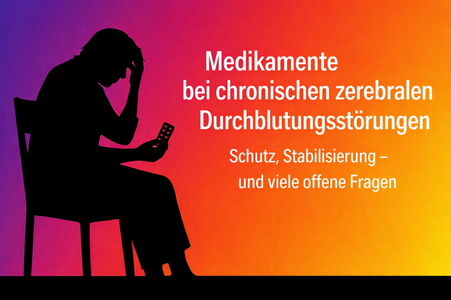 Schwarze Passepartout-Silhouette einer etwa 60-jährigen Frau, die auf einem Stuhl sitzt. In einer Hand hält sie eine Tablette oder Blisterpackung, mit der anderen stützt sie nachdenklich ihre Schläfe. Der Hintergrund ist ein sanfter Farbverlauf von Violett über Magenta und Rot bis Orange und Gelb. Rechts befindet sich Platz für Titeltext.