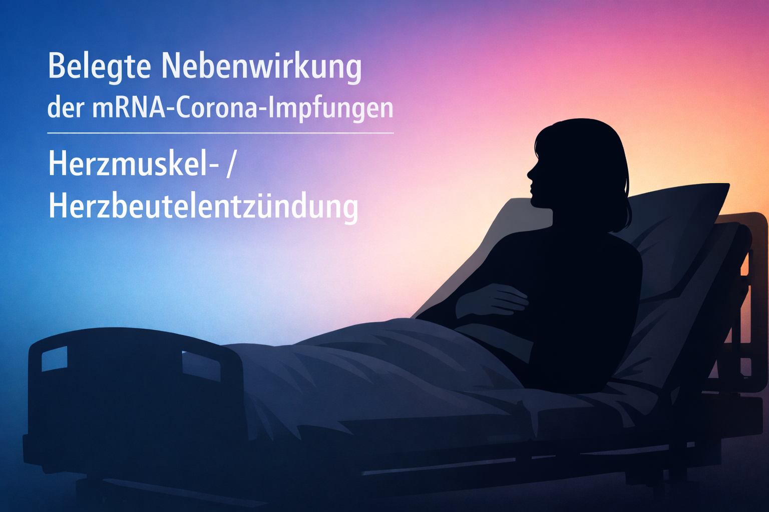 Silhouette einer 35-jährigen Frau in einem Krankenbett vor einem ruhigen Farbverlauf von Blau über Magenta bis Orange und Gelb. Links steht der Titel: Belegte Nebenwirkung der mRNA-Corona-Impfungen. Darunter der gut lesbare Untertitel: Herzmuskel- / Herzbeutelentzündung.