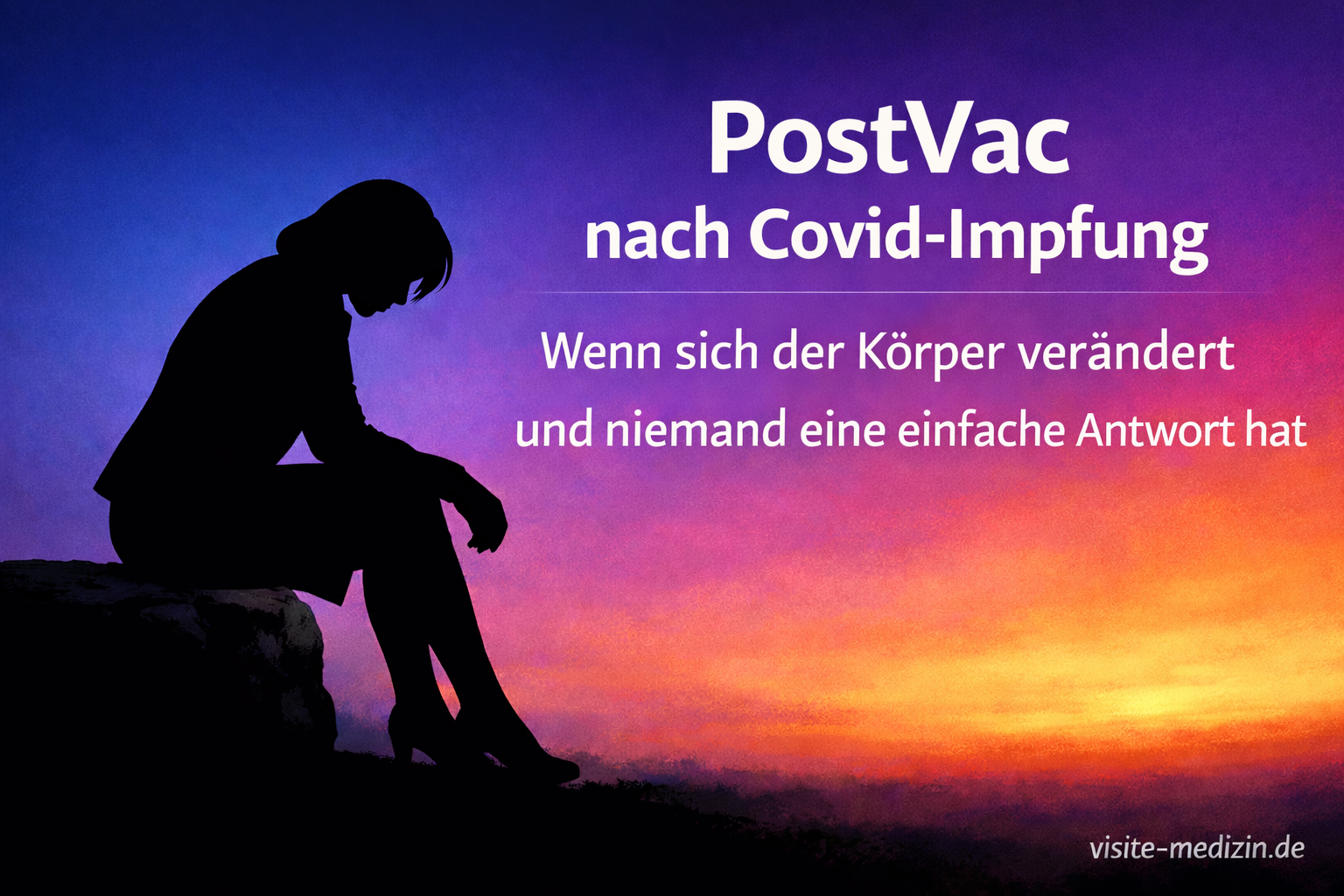 PostVac nach Covid-Impfung – Frau (ca. 35) als schwarze Silhouette, erschöpft auf hartem Stein sitzend, links positioniert; rechts Titel und Untertitel in weißer serifenloser Schrift; Signatur visite-medizin.de.