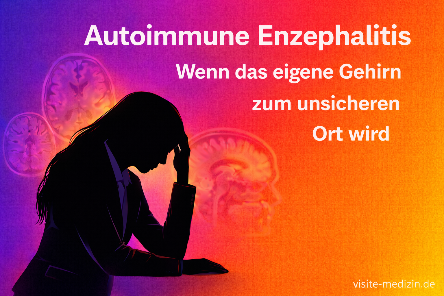 Schwarze Silhouette einer 40-jährigen Frau mit langen Haaren im Business-Outfit, die sich erschöpft abstützt. Harmonischer Farbverlauf von Blau über Magenta und Orange bis Gelb. Dezent eingeblendete MRT-Scans des Gehirns. Text: „Autoimmune Enzephalitis“ und „Wenn das eigene Gehirn zum unsicheren Ort wird“. Signatur: visite-medizin.de.