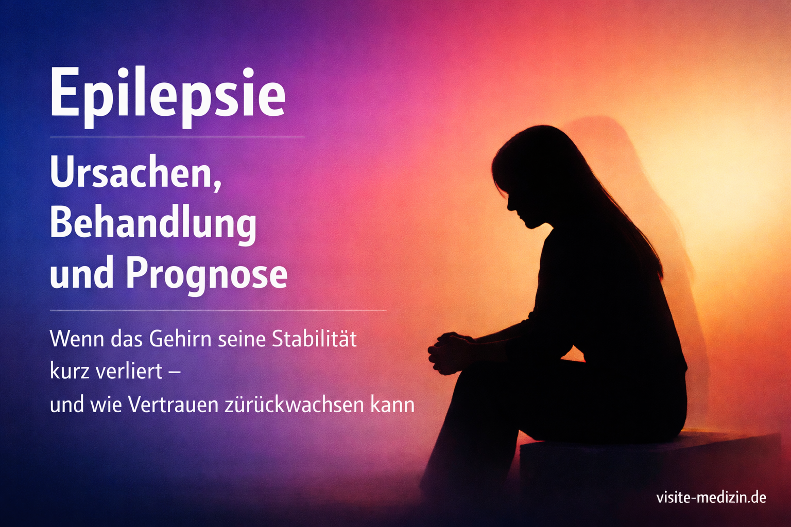 Keyvisual mit elegantem Farbverlauf in Blau, Violett, Rot, Orange und hellem Gelb. Links steht in großer weißer Schrift: 'Epilepsie' sowie darunter 'Ursachen, Behandlung und Prognose' auf drei Zeilen. Rechts sitzt die schwarze Silhouette einer 35-jährigen Frau mit langen glatten Haaren; eine sehr transparente Echo-Kontur im Hintergrund. Unten rechts steht 'visite-medizin.de'.