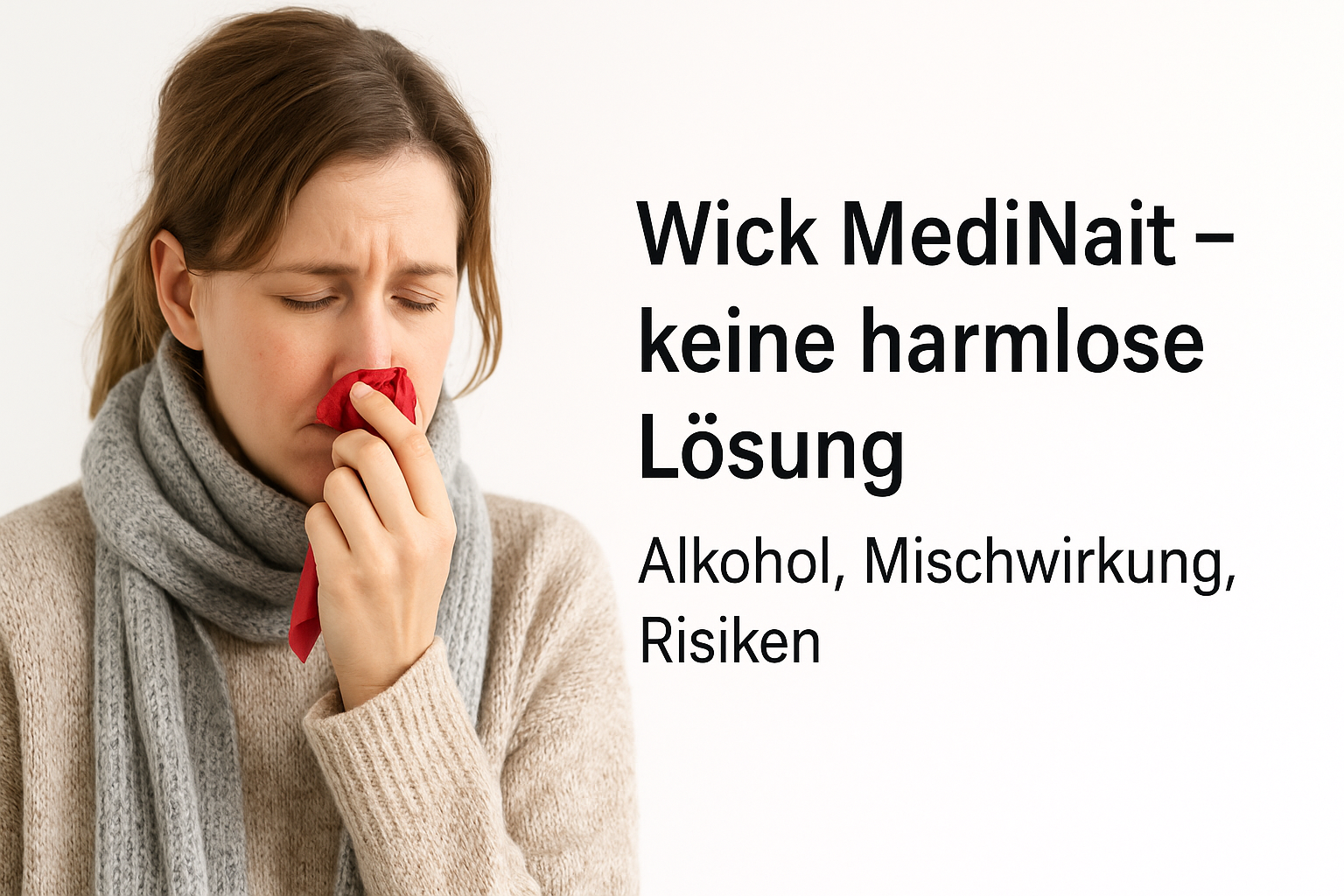 Kritisches Headerbild: Frau (ca. 35) wirkt erkältet vor sehr hellem Verlauf von links nach rechts in Weiß; rechts freier Raum für Text.