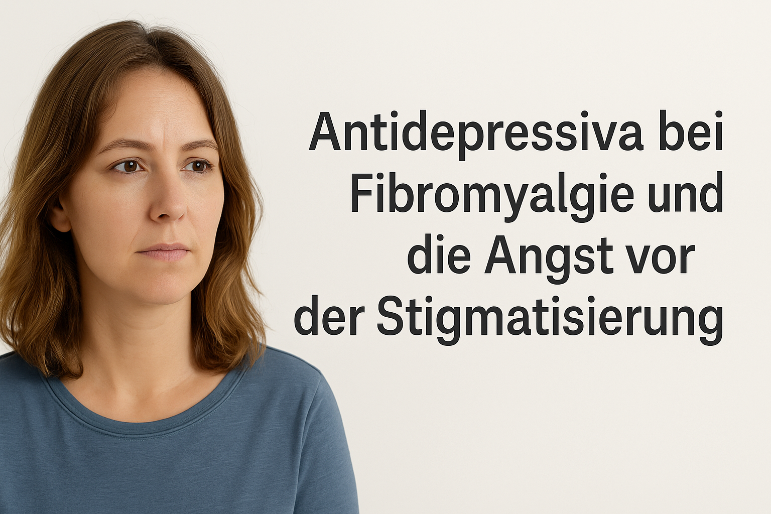 Porträt einer nachdenklichen Frau links im Bild; rechts steht der Text: Antidepressiva bei Fibromyalgie und die Angst vor der Stigmatisierung.
