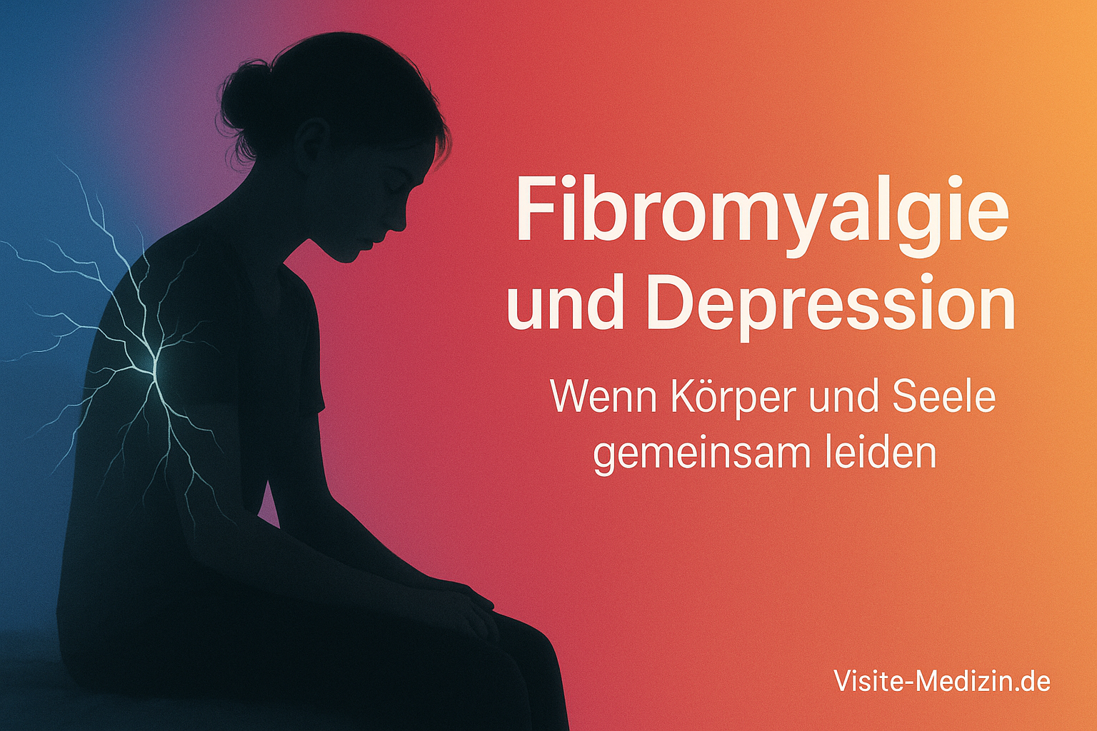 Junge Frau als Silhouette links; rechts der Titel ‚Fibromyalgie und Depression – Wenn Körper und Seele gemeinsam leiden‘ auf Farbverlauf Blau→Magenta→Rot→Orange→Gelb; dezente Nervenblitze an Schulter/Rücken; Signatur unten rechts.