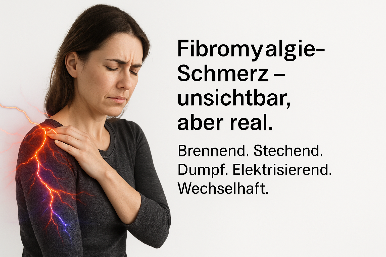 Frau mit Fibromyalgie-Schmerzen. Überlagernde farbige Schmerzlinien in Rot, Orange, Violett und Blau symbolisieren brennenden, stechenden und elektrisierenden Schmerz. Rechts im Bild steht der Text: 'Fibromyalgie-Schmerz – unsichtbar, aber real. Brennend. Stechend. Dumpf. Elektrisierend. Wechselhaft.'