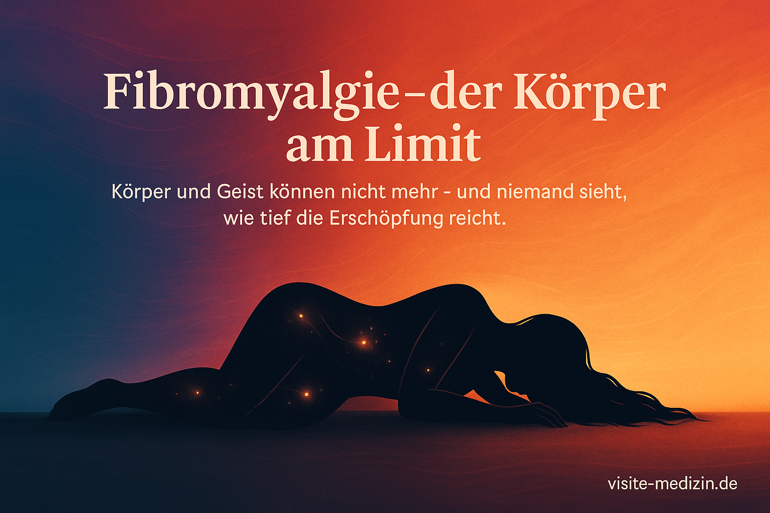 Schwarze Silhouette einer Frau mit langen Haaren, erschöpft am Boden liegend vor einem Farbverlauf von Blau zu warmem Orange und Rot. Symbolbild für Fibromyalgie, einen Körper am Limit, mit glühenden Punkten als Zeichen für Schmerz und Überlastung.