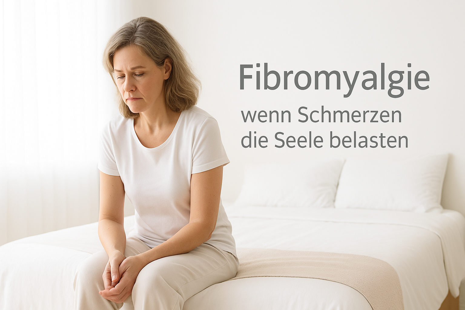 Helles, freundliches Schlafzimmer. Eine nachdenkliche Frau sitzt am Bettrand; im Bild steht der Text: „Fibromyalgie – wenn Schmerzen die Seele belasten“.
