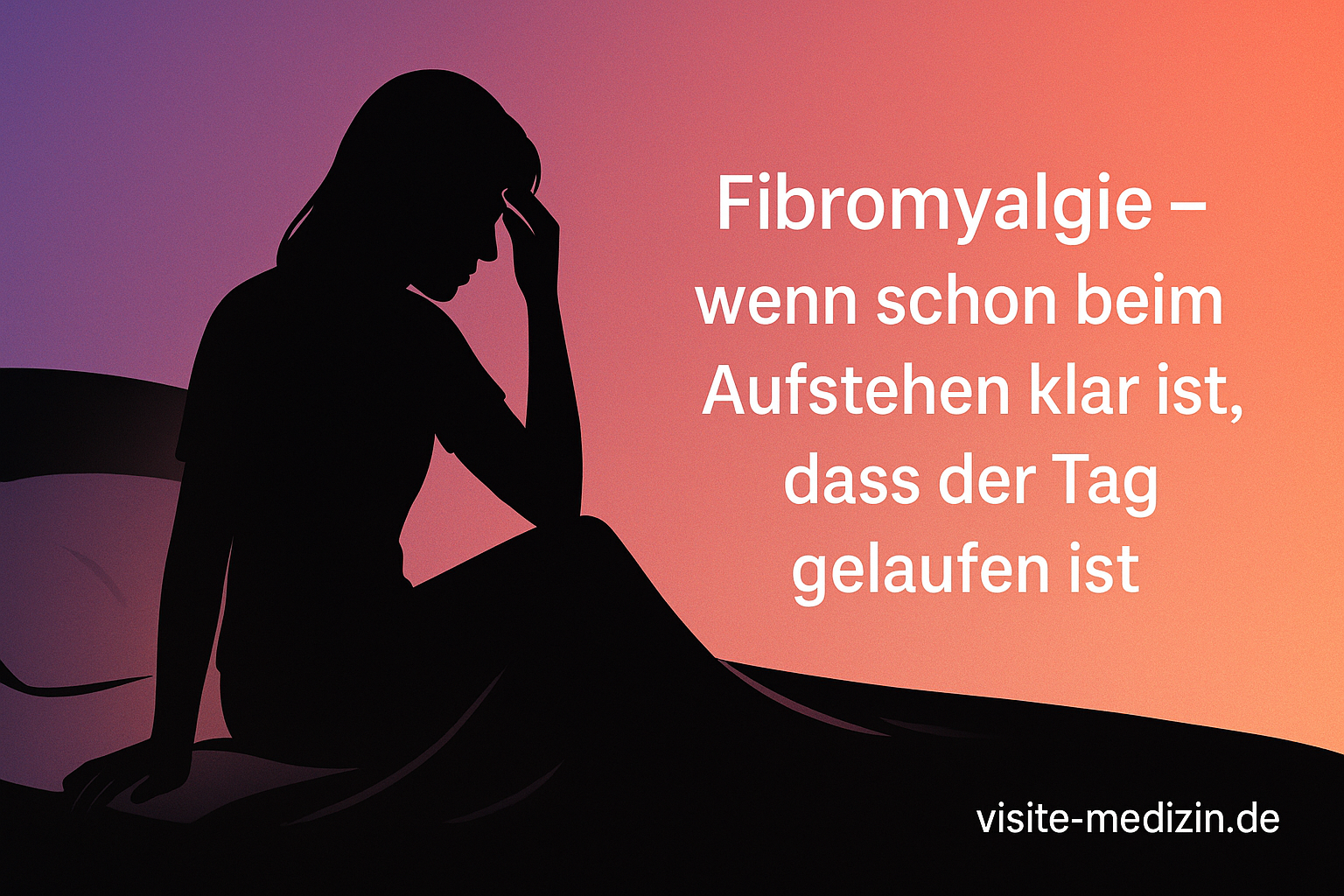 Schwarze Silhouette einer Frau, die erschöpft aufrecht im Bett sitzt. Rechts im Bild steht der Text: Fibromyalgie – wenn schon beim Aufstehen klar ist, dass der Tag gelaufen ist.
