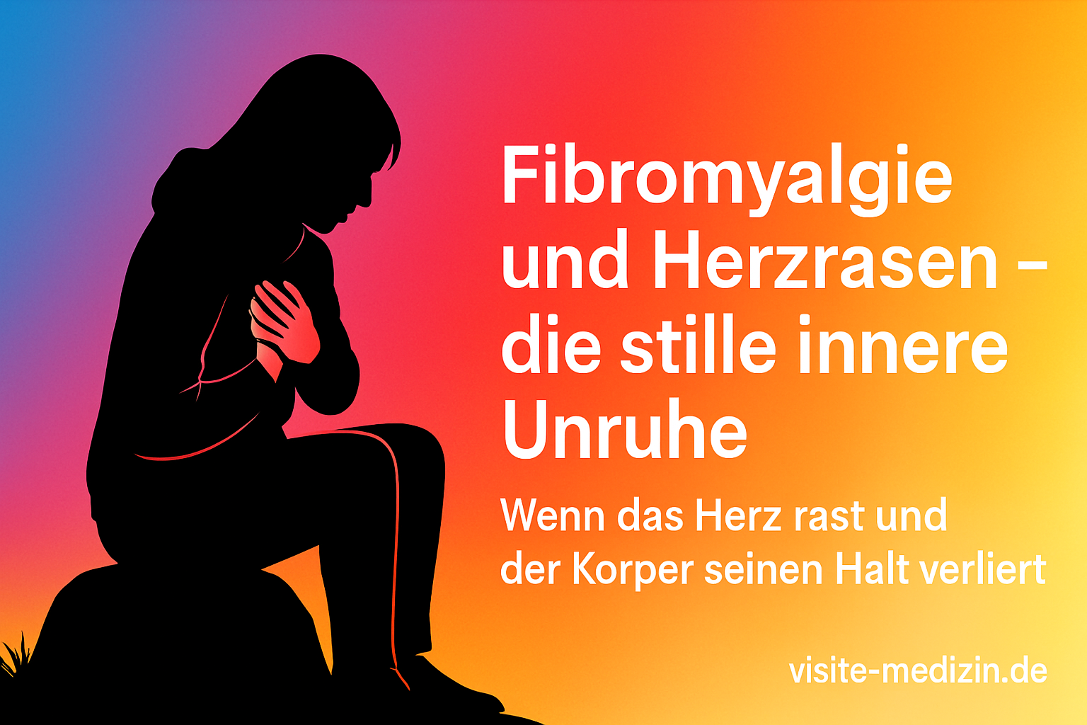 Silhouette einer etwa 35-jährigen Frau mit Hoodie, die auf einem Stein sitzt und beide Hände im Brustbereich hält. Freundlicher Farbverlauf von Blau über Magenta, Rot und Orange zu Gelb. Symbolbild für Fibromyalgie und belastendes Herzrasen.