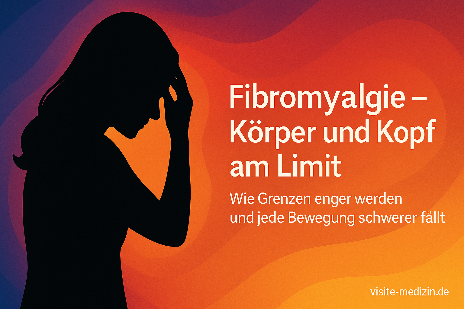 Silhouette einer etwa 40-jährigen Frau vor einem Farbverlauf in Blau, Magenta, Rot, Orange und Gelb. Organische Wellen drücken von außen auf sie und symbolisieren die unsichtbare Belastung durch Fibromyalgie.