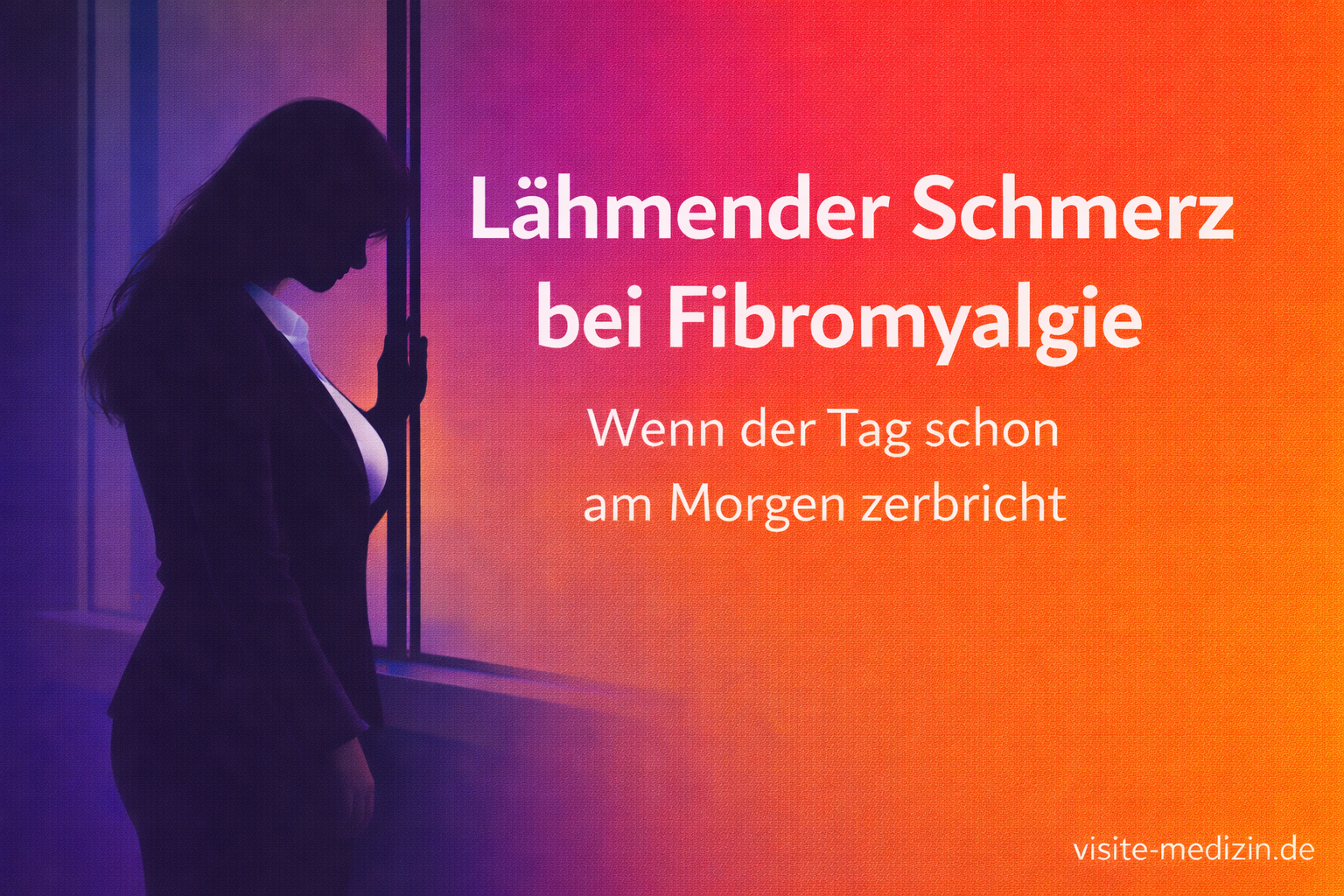 Lähmender Schmerz bei Fibromyalgie – erschöpfte Frau steht am Fenster und hält sich am Rahmen fest