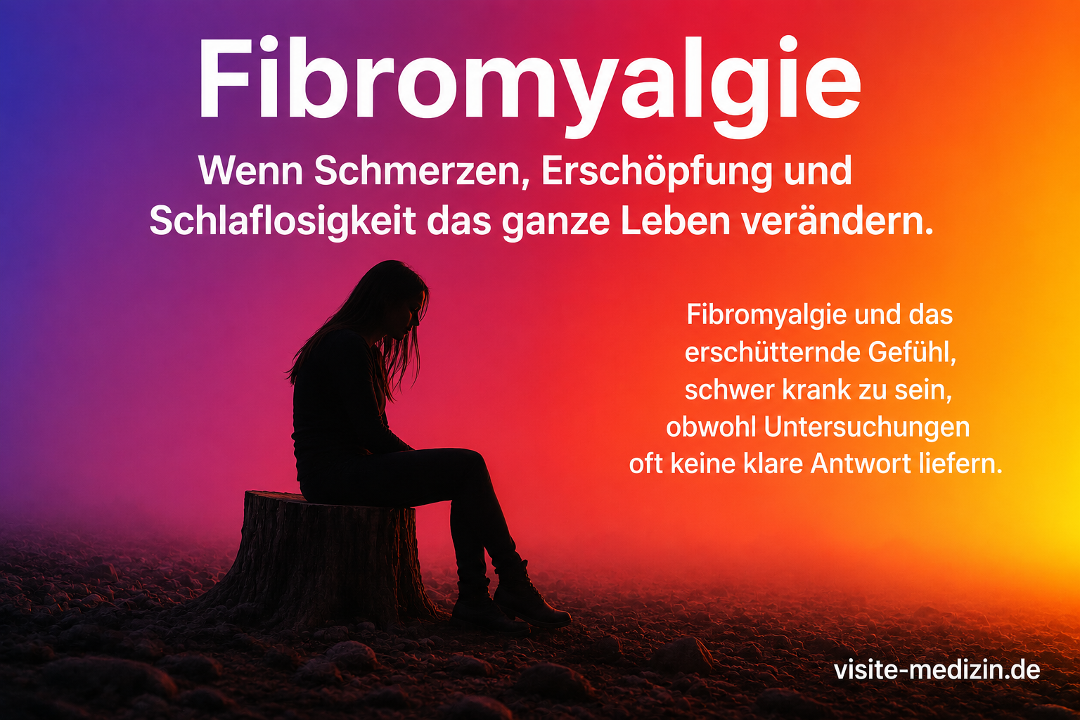 Schwarze Silhouette einer erschöpften Frau mit langen Haaren, die auf einem Baumstumpf auf steinigem Boden sitzt, vor einem farbigen Verlaufshintergrund mit dem Titel Fibromyalgie
