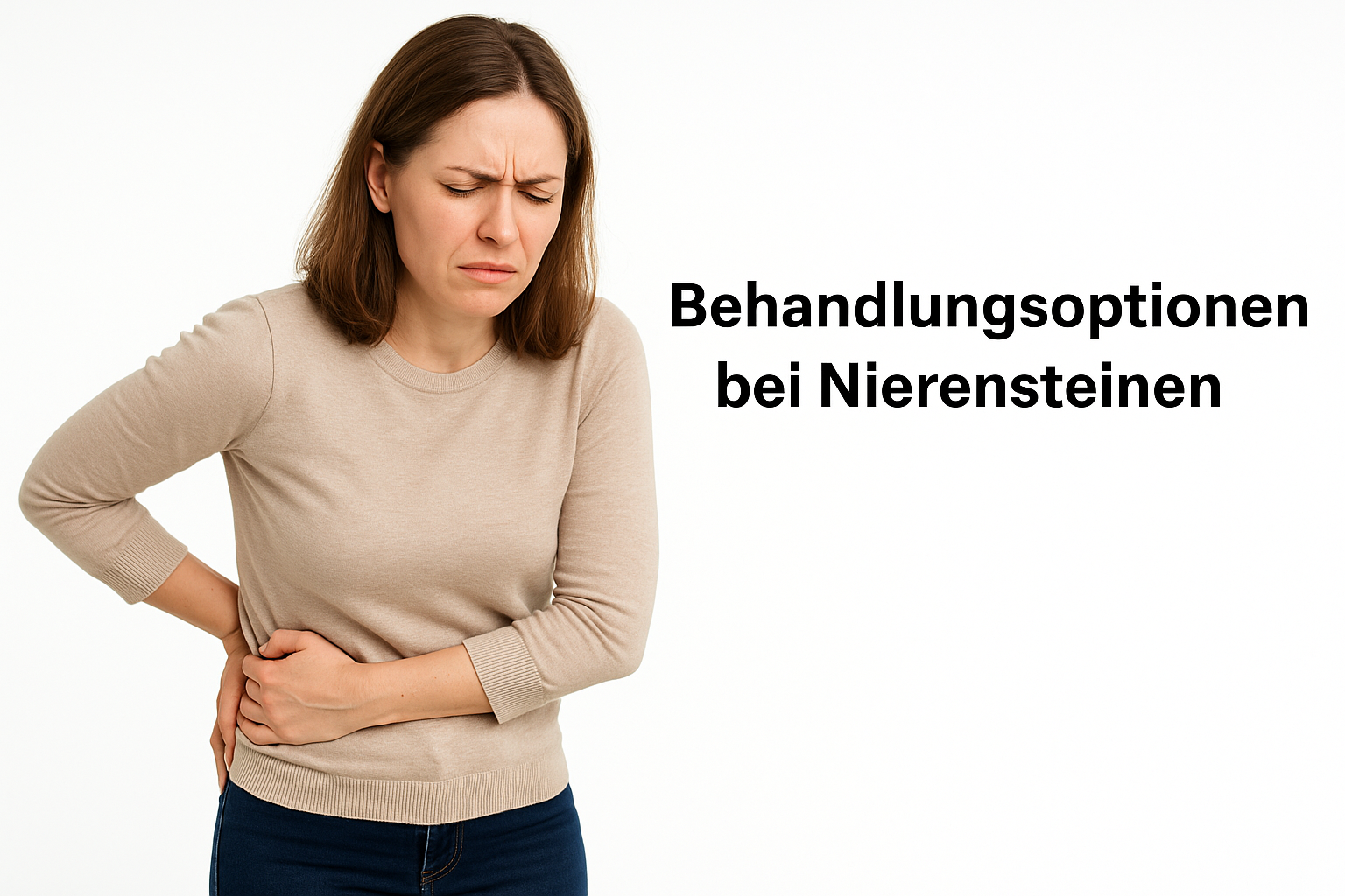Frau (ca. 35) mit Nierenschmerzen, hält sich die rechte Seite; weißer Hintergrund. Daneben steht: ‚Behandlungsoptionen bei Nierensteinen‘.
