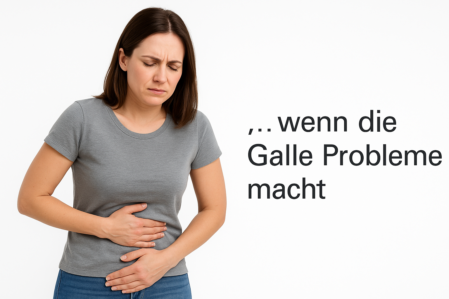 Frau (etwa 35) mit Oberbauchschmerzen hält die rechte Bauchseite; weißer Hintergrund. Rechts im Bild steht: „… wenn die Galle Probleme macht“.