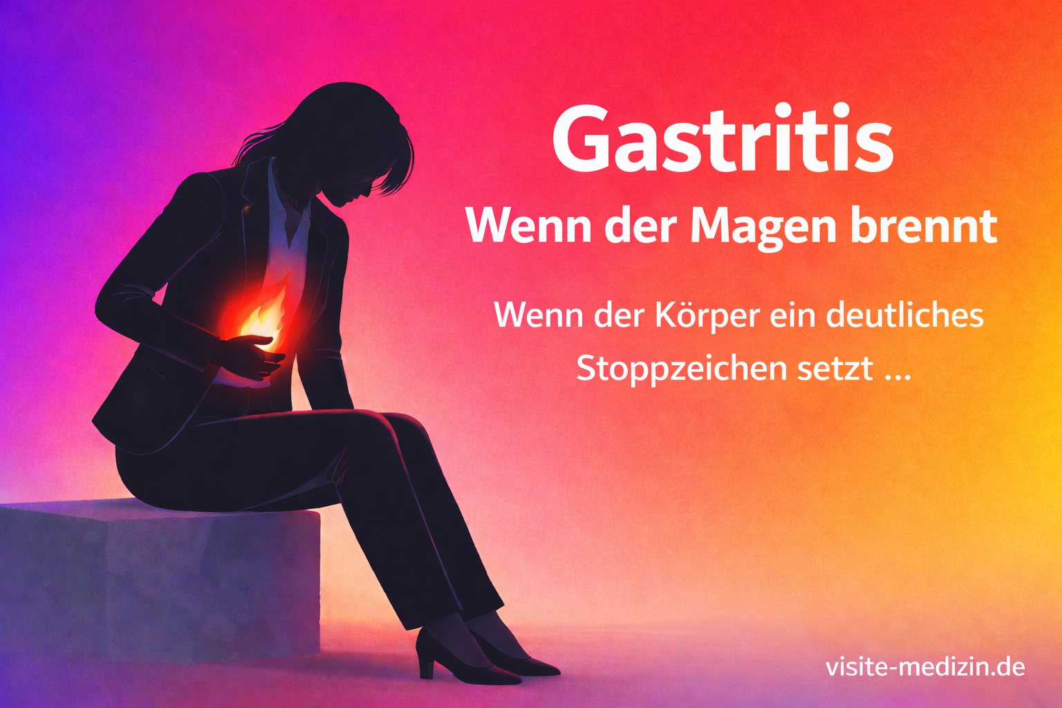 Schwarze Silhouette einer 35-jährigen Frau im Business-Outfit, sitzend auf einem Steinblock, in Schmerzhaltung mit rotem Feuersymbol im Oberbauch. Rechts der Titel ‚Gastritis – Wenn der Magen brennt‘ sowie der Untertitel ‚Wenn der Körper ein deutliches Stoppzeichen setzt …‘. Hintergrund mit kräftigem Farbverlauf von Violett über Rot zu Orange und Gelb. Signatur: visite-medizin.de.