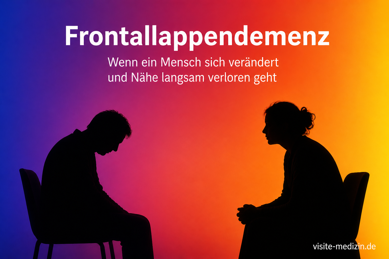 Zwei schwarze Silhouetten sitzen sich mit Abstand gegenüber vor einem farbigen Verlaufshintergrund. Das Bild symbolisiert Frontallappendemenz, Wesensveränderung und den Verlust von Nähe.