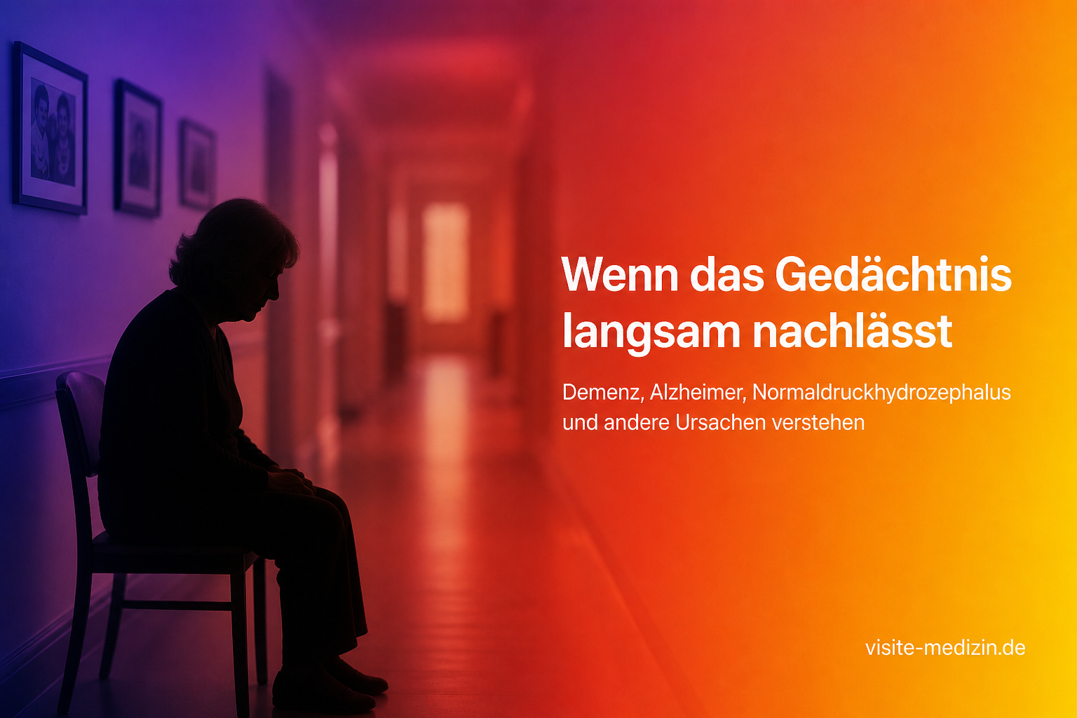 Ältere Frau sitzt als dunkle Silhouette in einem verschwommenen Flur. Der Text weist auf Gedächtnisprobleme, Demenz, Alzheimer und Normaldruckhydrozephalus hin.