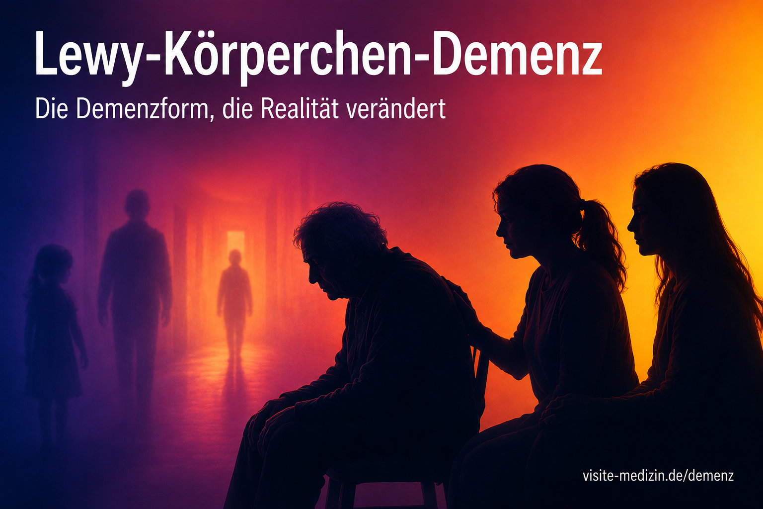 Silhouetten einer älteren Person mit zwei Töchtern vor einem harmonischen Farbverlauf als Symbolbild für Lewy-Körperchen-Demenz