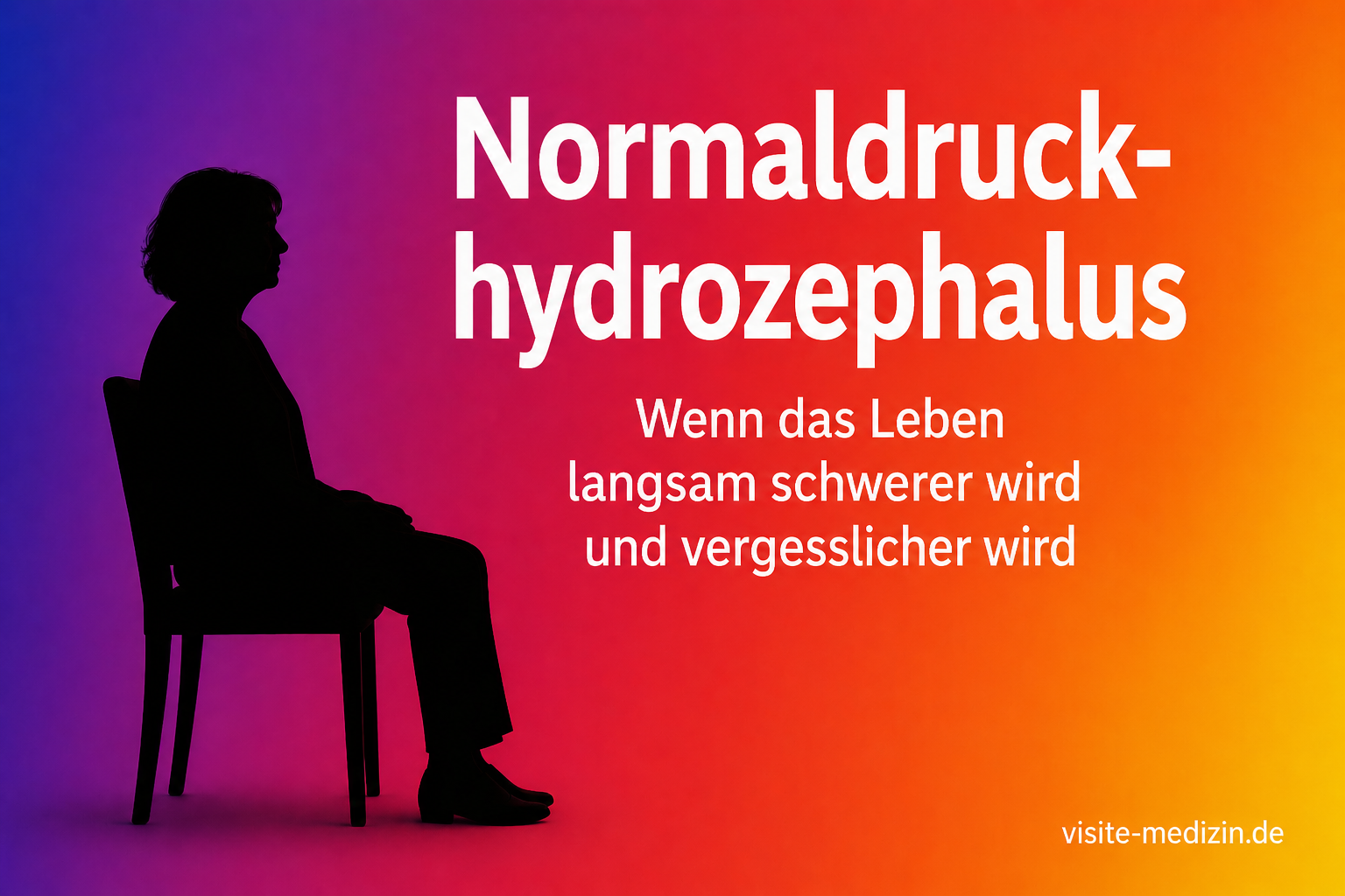 Schwarze Silhouette einer älteren Frau auf einem Stuhl vor farbigem Verlauf mit dem Titel Normaldruckhydrozephalus