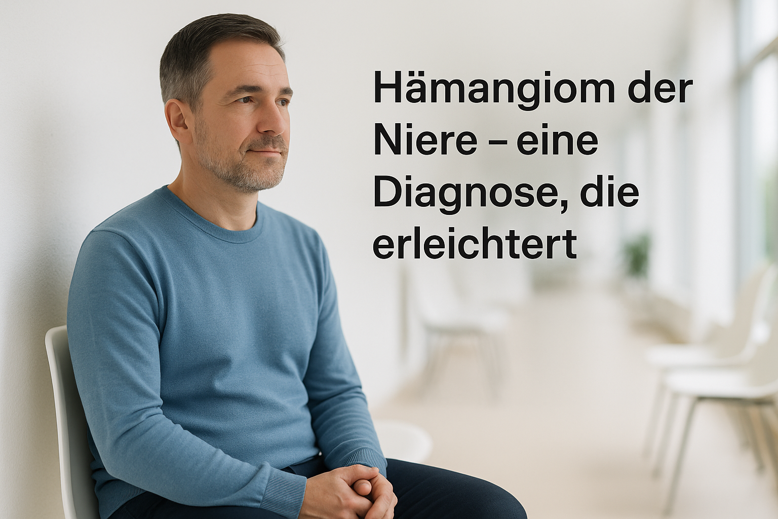 Ruhige Klinikumgebung: Eine Person sitzt entspannt im hellen Wartebereich. Das vermittelt Gelassenheit und sachliche Orientierung.