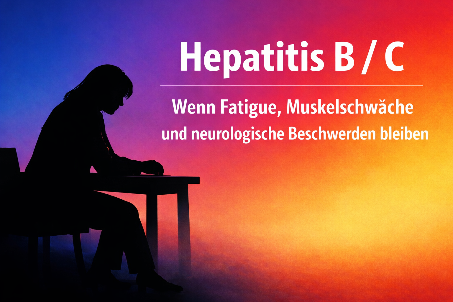 Schwarze Silhouette einer erschöpften 40-jährigen Frau im Business-Outfit, sitzend am Schreibtisch. Rechts im Bild steht der Titel ‚Hepatitis B / C‘ sowie der Untertitel ‚Wenn Fatigue, Muskelschwäche und neurologische Beschwerden bleiben‘ vor einem blau-violett-orangefarbenen Farbverlauf.