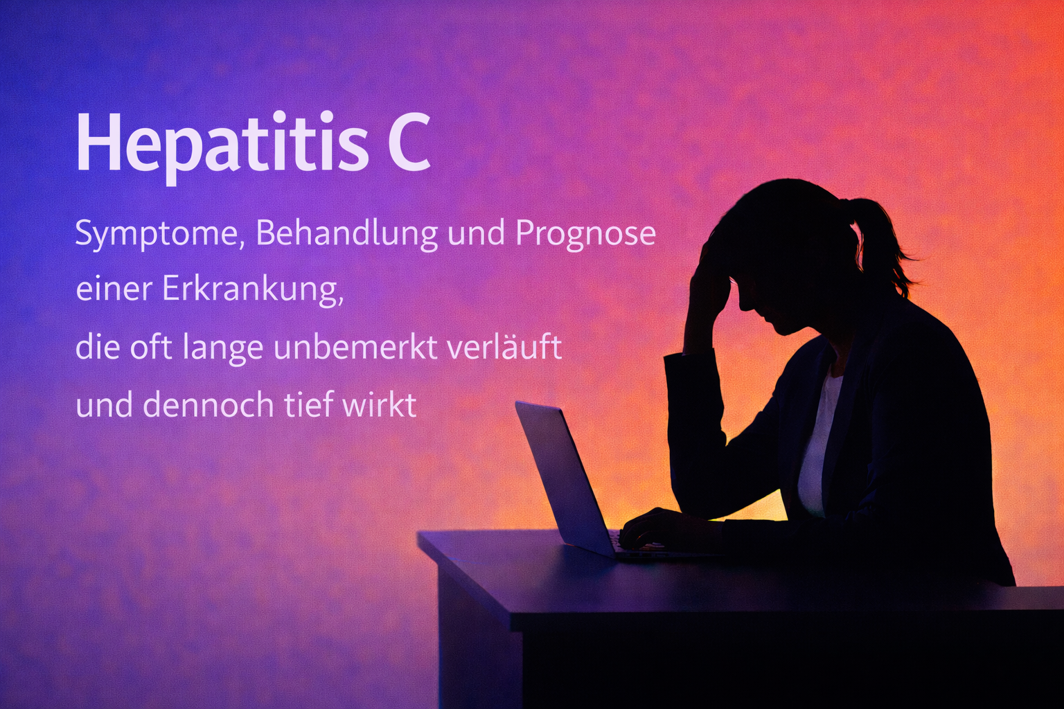Silhouette einer etwa 40-jährigen Frau im Business-Outfit am Schreibtisch vor einem Laptop. Hintergrund mit Farbverlauf Blau–Violett–Orange. Links der Titel „Hepatitis C“ und der Untertitel zur Erkrankung.