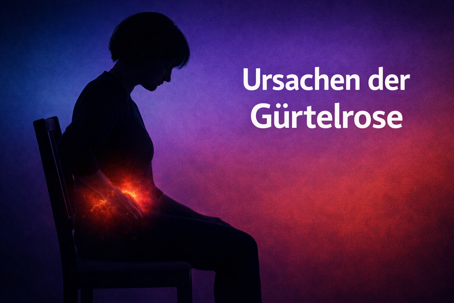 Schwarze Silhouette einer etwa 50-jährigen Frau, seitlich sitzend auf einem Stuhl. Im Bereich Unterbauch und unterer Rücken ist ein warmes, inneres Leuchten angedeutet. Rechts steht der Titel „Ursachen der Gürtelrose“ vor einem sanften Farbverlauf von Blau über Violett zu Rot.