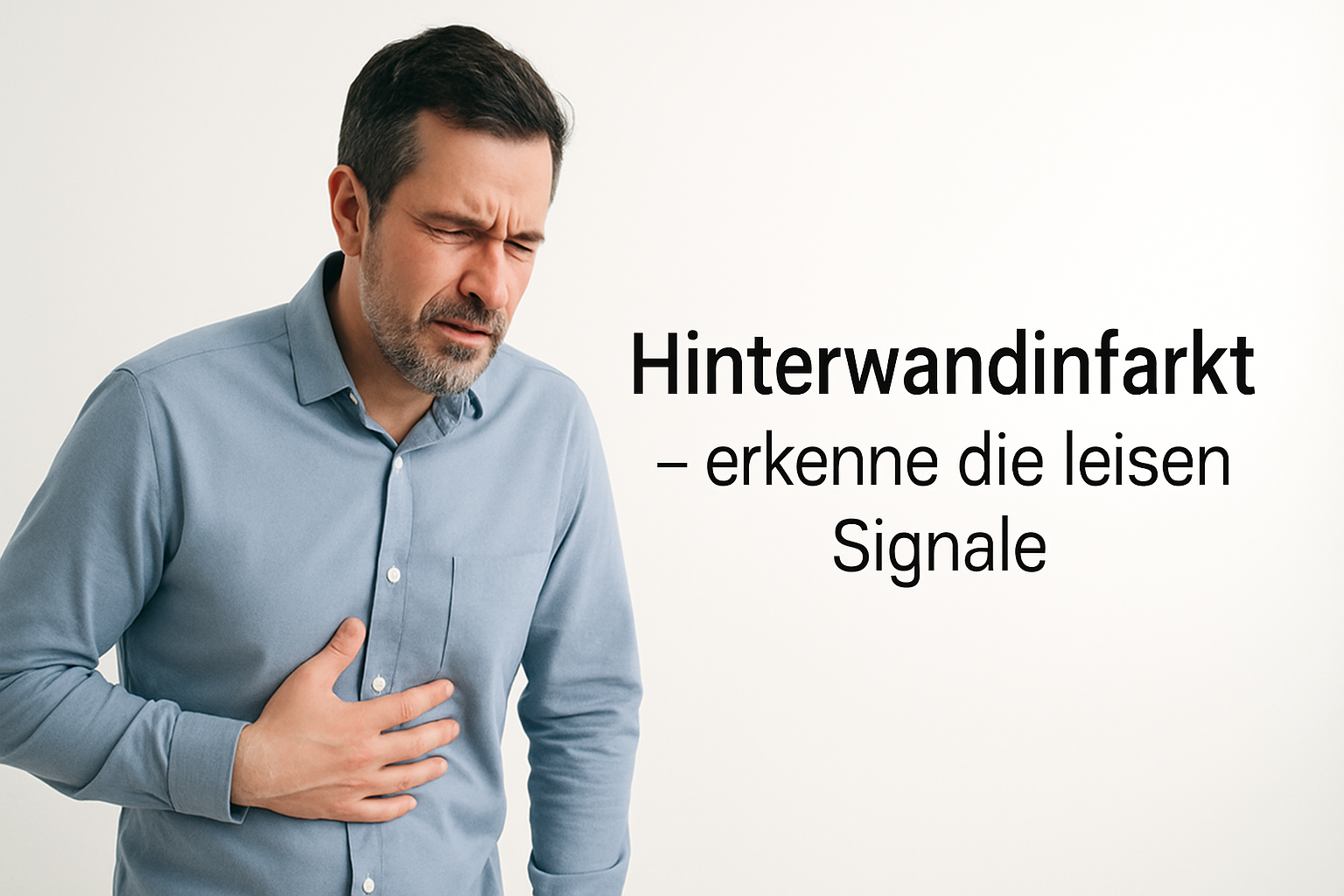 Heller Klinikflur mit ruhigem Licht; im Vordergrund eine Person mit Hand am Oberbauch, nach rechts weicher Übergang ins Helle. Textbereich rechts frei.