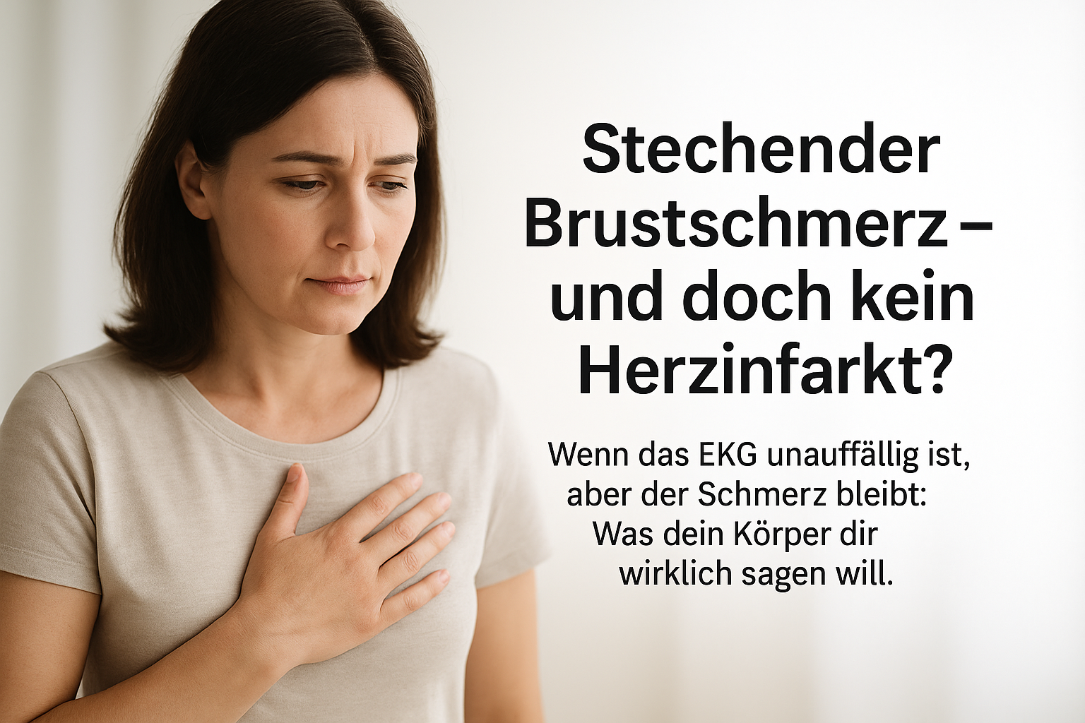 Etwa 40-jährige Frau mit ruhigem Blick legt die Hand auf ihre Brust; heller, weich verlaufender Hintergrund nach Weiß rechts