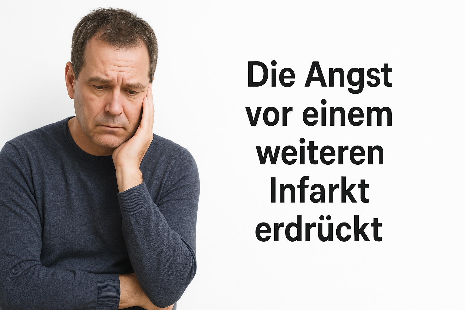 Nachdenklicher Mann (ca. 50 Jahre) vor schneeweißem Hintergrund; rechts steht: Die Angst vor einem weiteren Infarkt erdrückt.