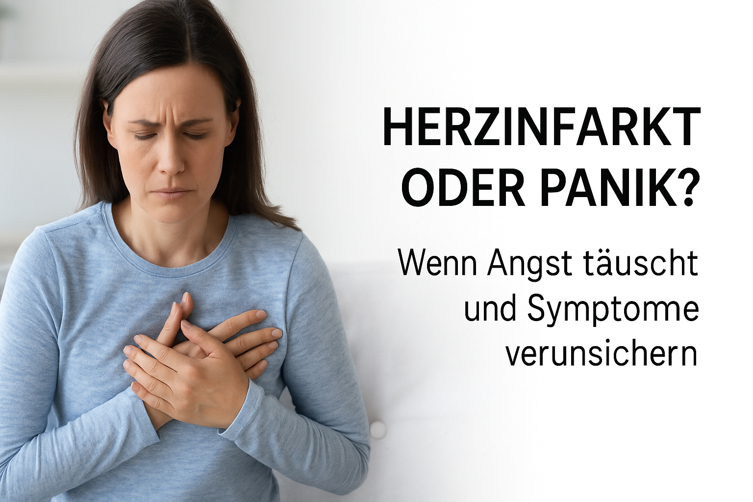 Person mit Hand an der Brust, unsicherer Blick, rechts im Bild steht: Herzinfarkt oder Panik? Wenn Angst täuscht und Symptome verunsichern