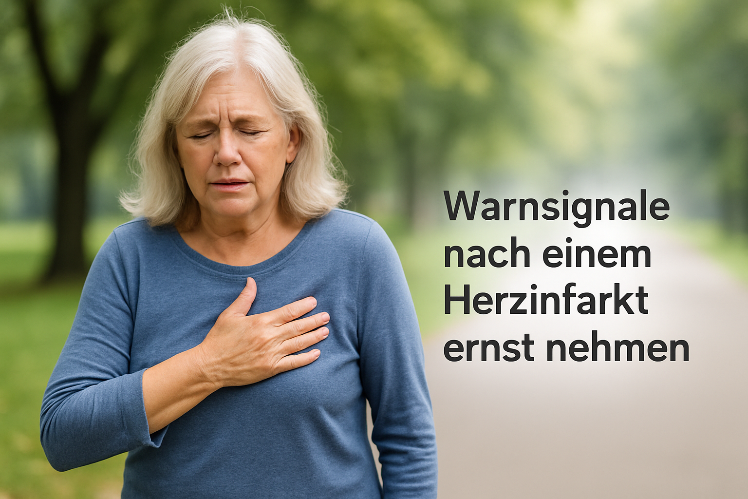Ältere Frau im Park hält sich die Brust; rechts steht: Warnsignale nach einem Herzinfarkt ernst nehmen.