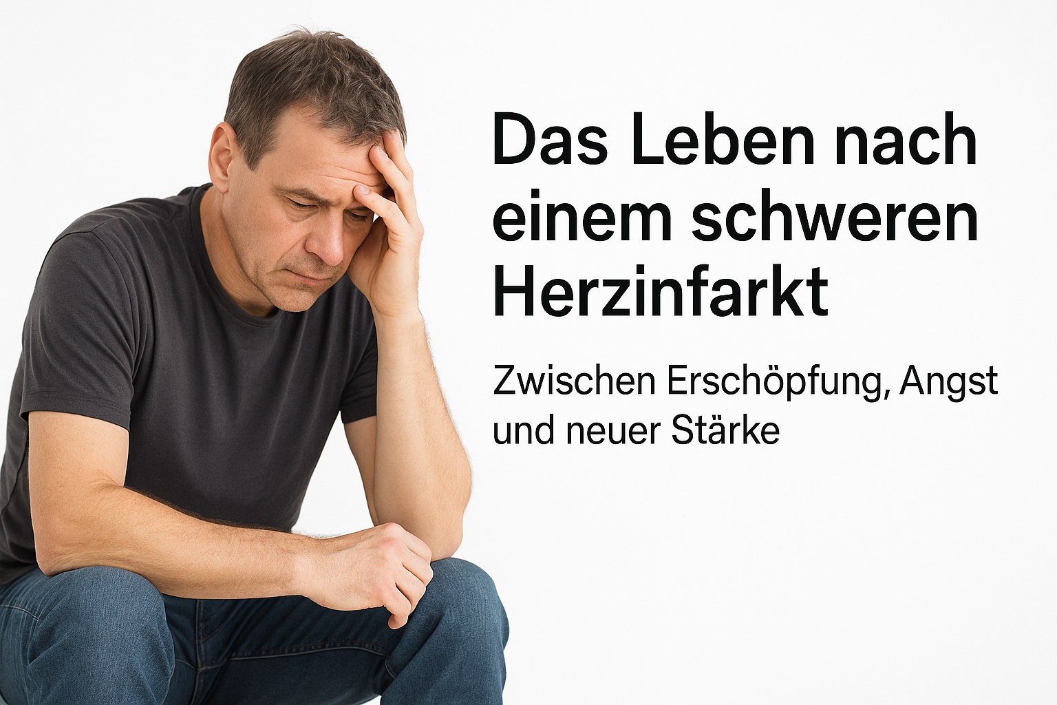 Das Leben nach einem schweren Herzinfarkt – sitzender Mann, Titel und Untertitel rechts im Bild