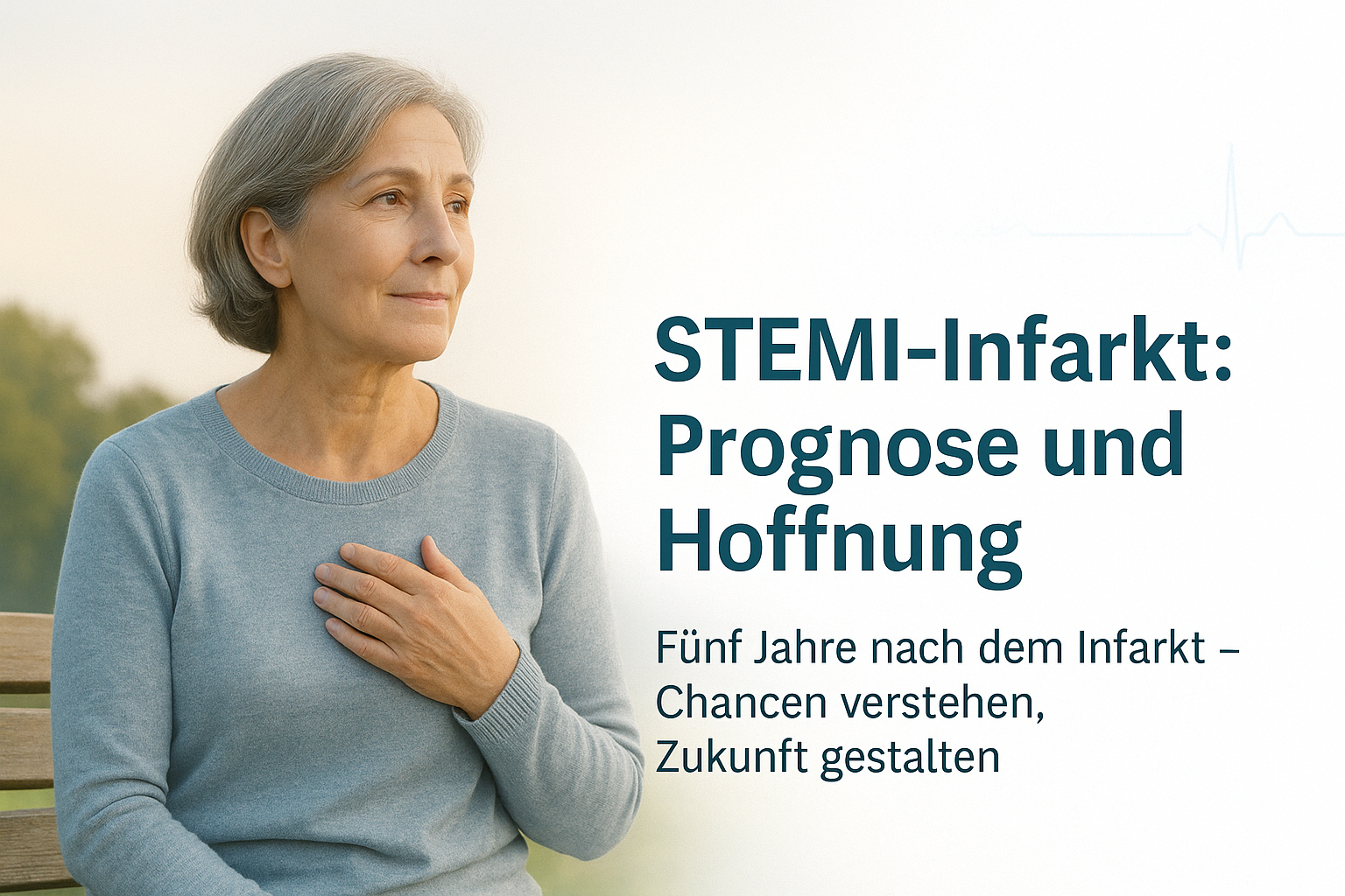 Ruhige Szene im Freien: eine nachdenkliche Frau Mitte 50 auf einer Bank; rechts viel freier, nach weiß verlaufender Bildbereich mit dem Text: 'STEMI-Infarkt: Prognose und Hoffnung – Fünf Jahre nach dem Infarkt – Chancen verstehen, Zukunft gestalten'.