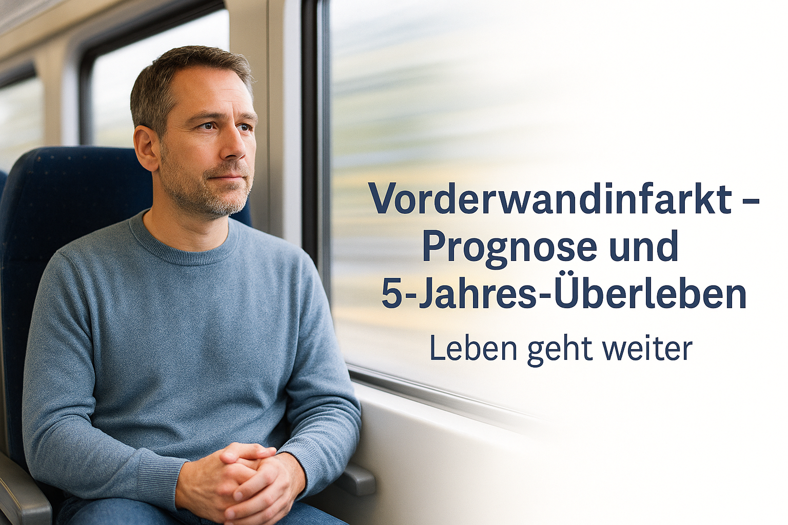 Mann in der S-Bahn, nachdenklich sitzend; rechter Bildbereich hell und frei für Text.