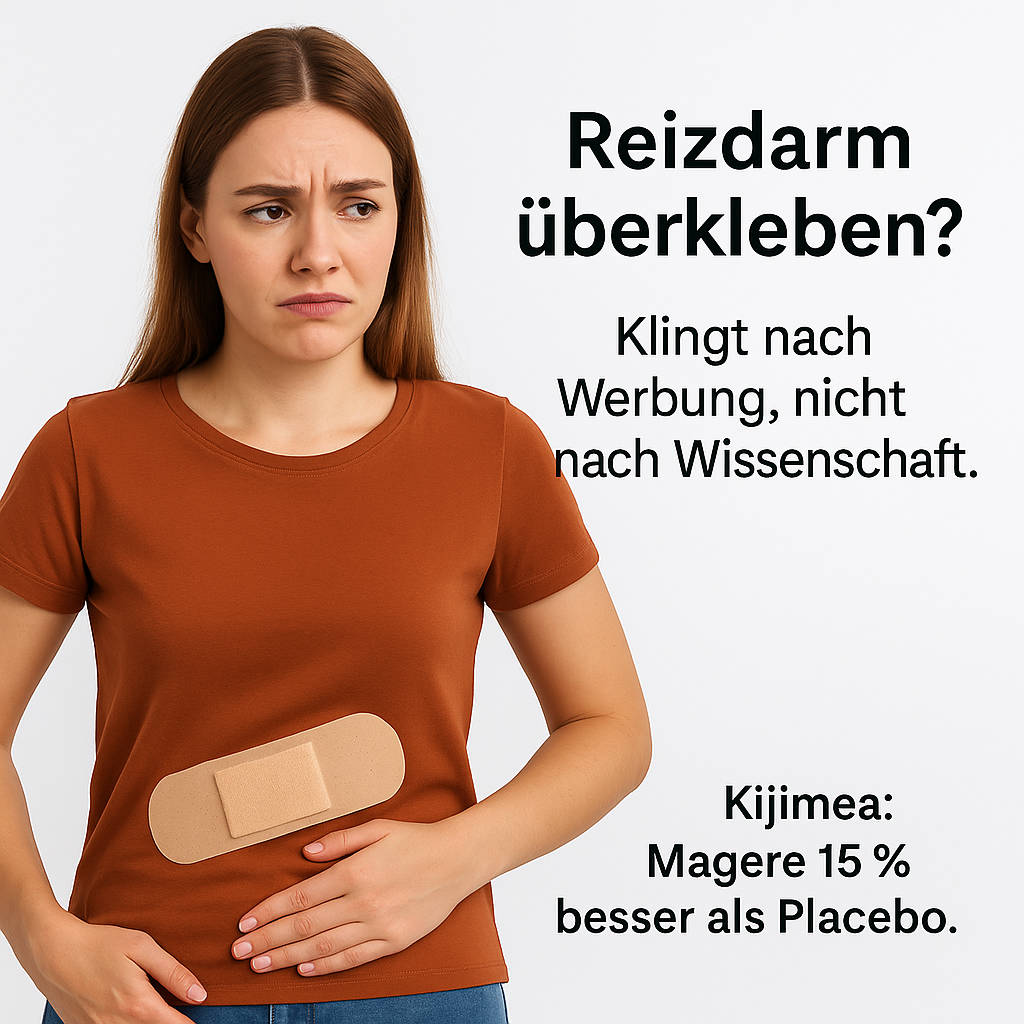 Junge Frau (~25) mit großem Pflaster am Unterbauch; rechts im Bild steht: »Reizdarm überkleben? Klingt nach Werbung, nicht nach Wissenschaft. Kijimea: Magere 15 % besser als Placebo.«