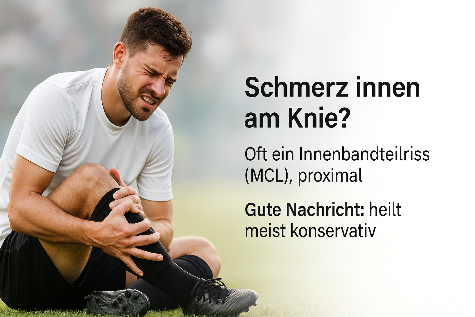 Fußballer hält sich das rechte Knie – Hinweis auf proximalen Innenbandteilriss (MCL); heller Hintergrund mit Weißverlauf rechts, Textzone rechts