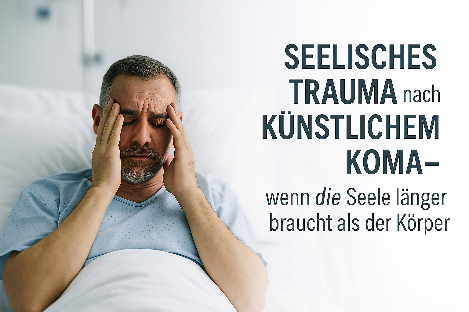 Ein Mann liegt erschöpft in einem Krankenhausbett; rechts ein heller Verlauf mit dem Text: Seelisches Trauma nach künstlichem Koma – wenn die Seele länger braucht als der Körper.