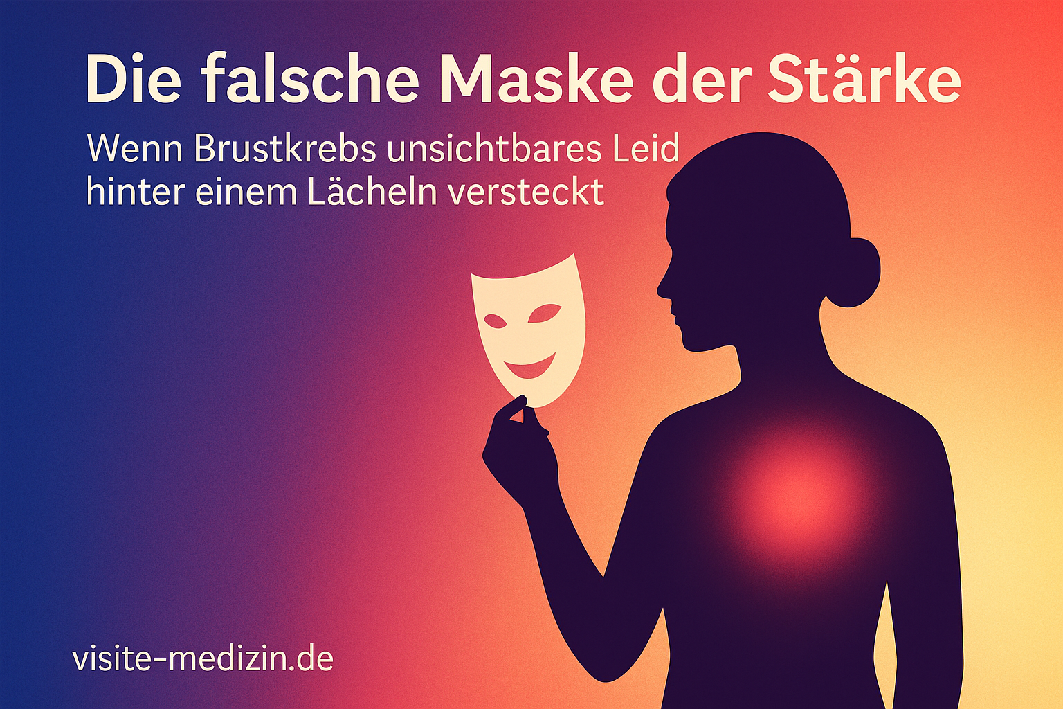 Silhouette einer Frau, die eine lächelnde Maske vor sich hält. Titel: Die falsche Maske der Stärke. Untertitel: Wenn Brustkrebs unsichtbares Leid hinter einem Lächeln versteckt. Verlauf in deinen typischen Farben. Signatur: visite-medizin.de.