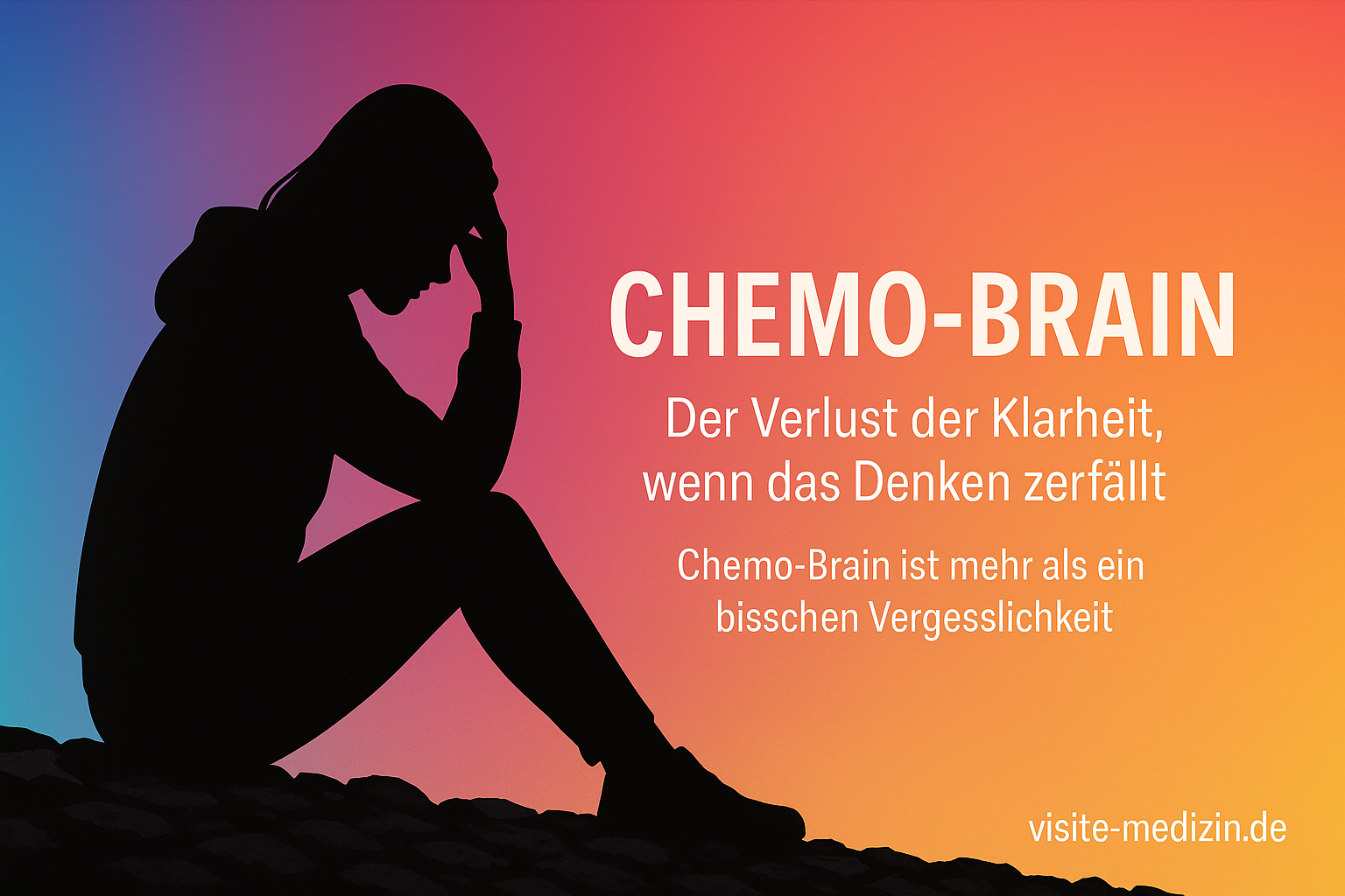 Schwarze Silhouette einer Frau mit Hoodie, sitzend auf steinigem Boden, eine Hand an der Schläfe. Ruhiger, ästhetischer Farbverlauf im Hintergrund. Symbol für Chemo-Brain.