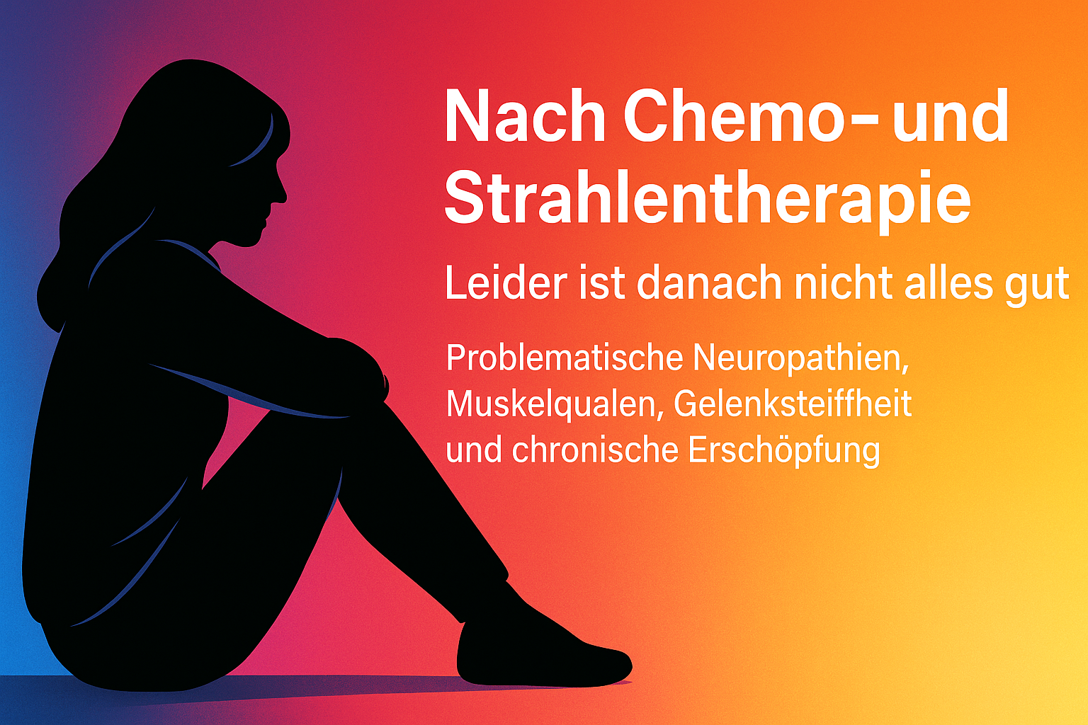 Schwarze Silhouette einer sitzenden Frau vor farbigem Verlauf von Blau über Magenta und Rot zu Gelb. Rechts im Bild steht der Text: Nach Chemo- und Strahlentherapie – leider ist danach nicht alles gut. Problematische Neuropathien, Muskelqualen, Gelenksteifheit und chronische Erschöpfung.