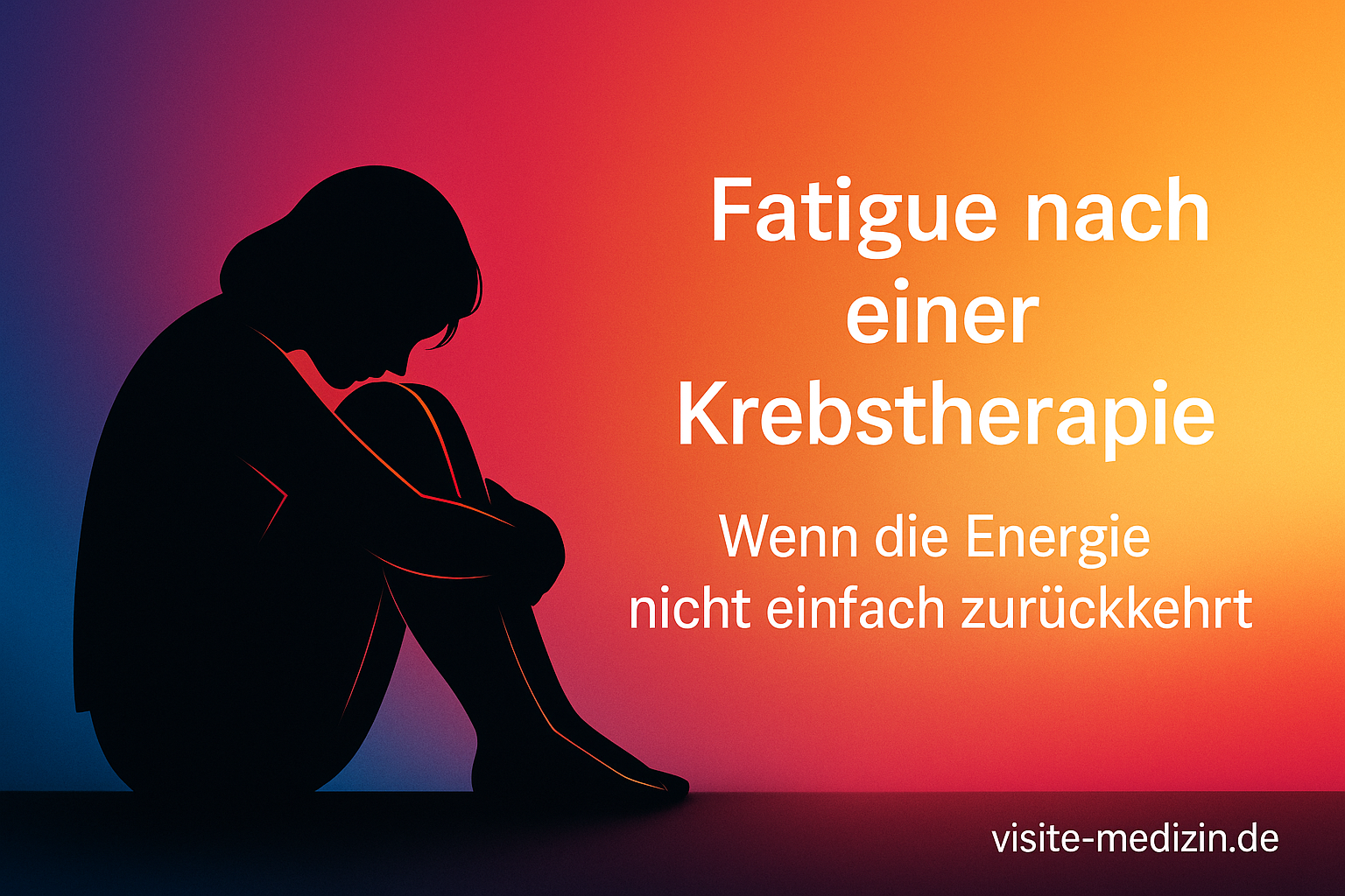 Illustration einer etwa 40-jährigen Frau als schwarze Silhouette, sitzend auf dem Boden mit angezogenen Knien und dem Kopf auf den Knien vor einem warmen Farbverlauf von Blau über Magenta und Rot zu Orange und Gelb. Rechts ist Platz für den Titel zur Fatigue nach einer Krebstherapie.