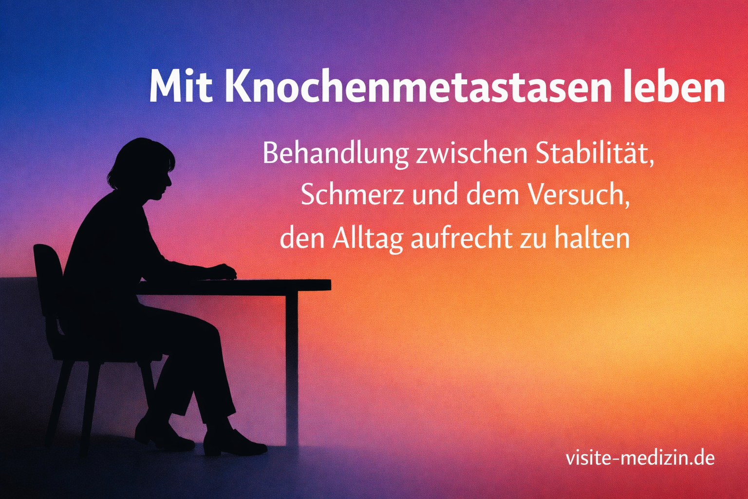 Schwarze Silhouette einer 50-jährigen Frau am Schreibtisch vor einem weichen Farbverlauf von Blau über Magenta und Rot bis Orange und Gelb. Rechts steht der Titel „Mit Knochenmetastasen leben“ mit Untertitel zur Behandlung zwischen Stabilität, Schmerz und Alltag. Unten rechts die Signatur visite-medizin.de.