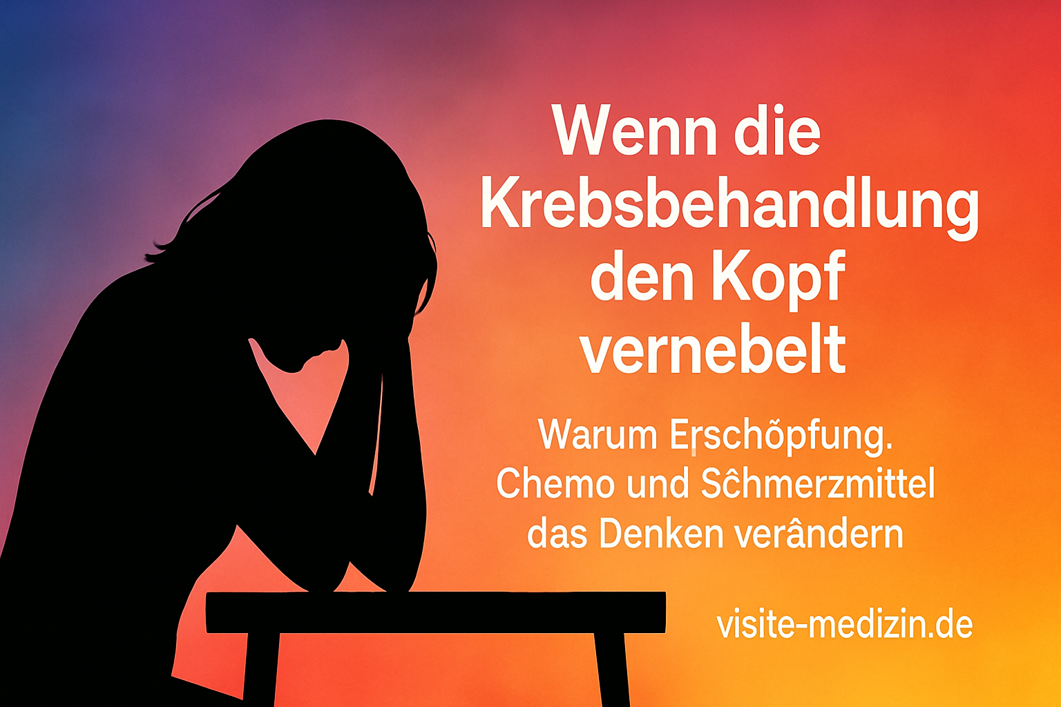 Silhouette einer Frau am schmalen Schreibtisch, die den Kopf mit beiden Händen stützt. Daneben der Text: Wenn die Krebsbehandlung den Kopf vernebelt – Warum Erschöpfung, Chemo und Schmerzmittel das Denken verändern. visite-medizin.de