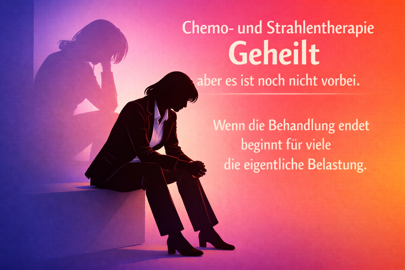 Minimalistisches Social-Media-Keyvisual: Schwarze Silhouette einer sitzenden Frau im Business-Outfit, daneben ihr leicht erschöpft wirkender Schatten an der Wand. Hintergrund mit glattem Farbverlauf von Kobalt/Petrol-Blau über Magenta und Rot zu Orange und Gelb. Weißer Titel: „Chemo- und Strahlentherapie / Geheilt / aber es ist noch nicht vorbei.“ Untertitel: „Wenn die Behandlung endet beginnt für viele die eigentliche Belastung.“