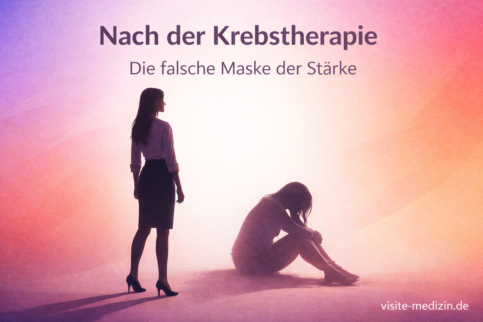 Silhouette einer aufrecht stehenden Frau mit langen Haaren im Business-Outfit. Daneben ihr leicht verschwommener, erschöpft am Boden sitzender Schatten. Im Bild stehen der Titel „Nach der Krebstherapie“, der Untertitel „Die falsche Maske der Stärke“ und die Signatur „visite-medizin.de“.