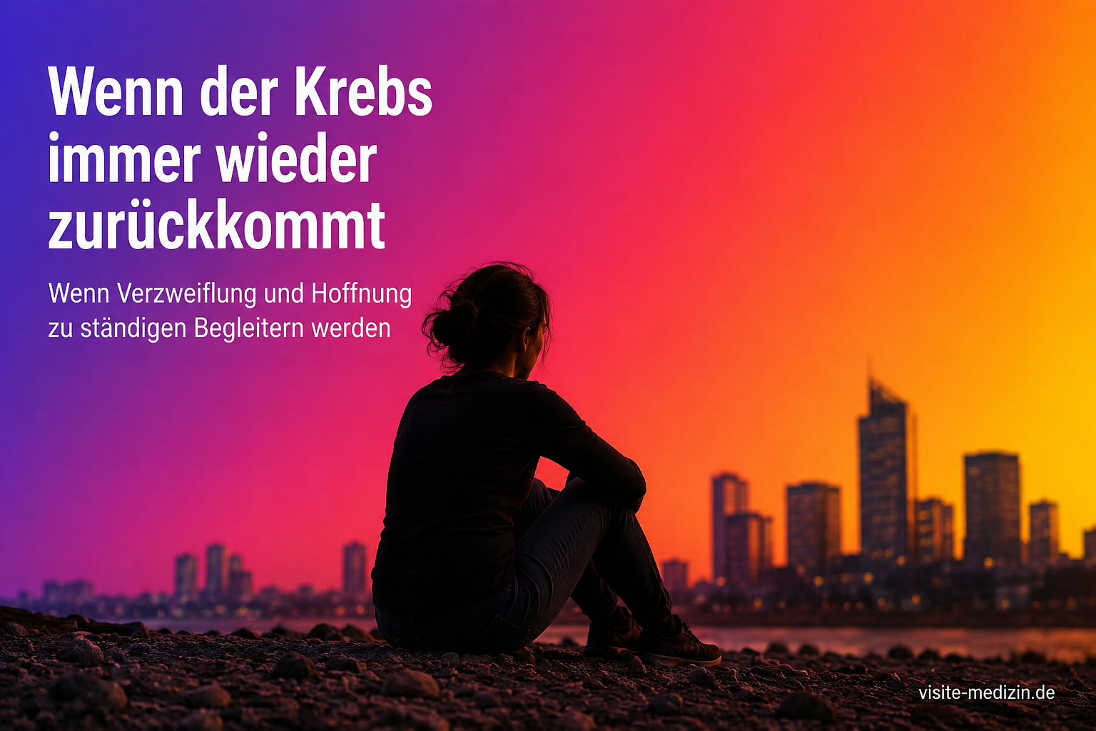 Frau sitzt als schwarze Silhouette auf steinigem Boden vor einer Skyline aus Bürohäusern. Titel: Wenn der Krebs immer wieder zurückkommt. Untertitel: Wenn Verzweiflung und Hoffnung zu ständigen Begleitern werden.